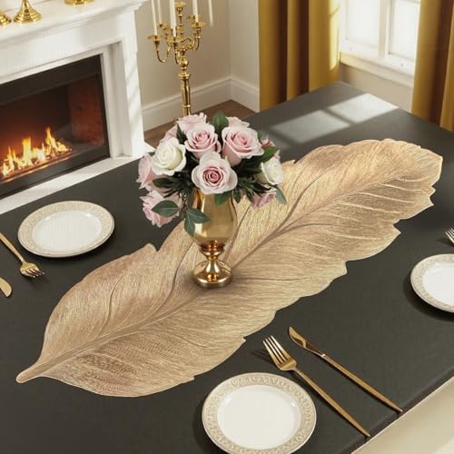 FAVE Tischläufer Gold 90 cm Hitzebeständig - Vinyl Tischdeko für Hochzeit, Dinner-Party, Festtafel - Blattmuster Tischläufer