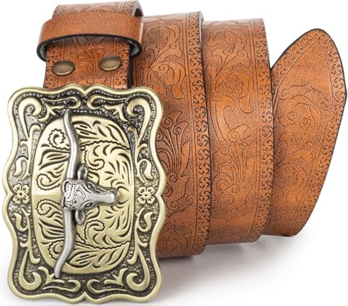 Image of UTOWO Western PU-Leather Cowboy Buckle Belt for Men and Women Jeans Engraved Floral Longhorn Bull Buckle Belt (25-38 inch waist)