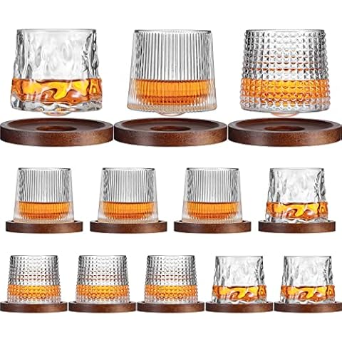 12 Stück Whiskey Gläser Set Drehbare altmodische Gläser mit Kreative Walnuss Untersetzer Kristall Glas Tassen Becher Bourbon Glas Cocktails Glas zum Trinken von Bourbon, Scotch, Cocktails, Cognac Cover