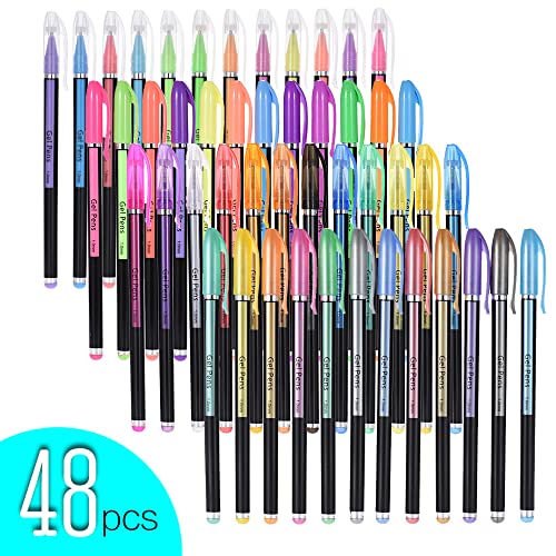 KKcare Canetas Gel 48 Cores Inclui Glitter/Neon/Gouache/Canetas de Metal Marcando Desenho de Destaqu