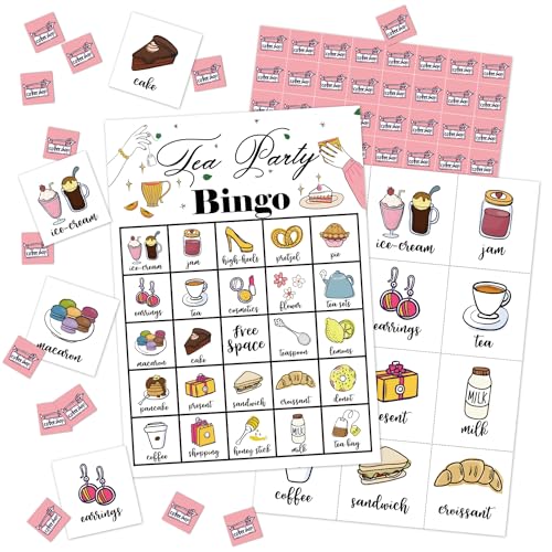 Tea Party Bingo Game 24 Players Bingo Cards for Women Men Birthday Tea Parties Favors for Women Friends Family Holiday Parties Activities Supplies Garden Party Decoration Game- JK0105