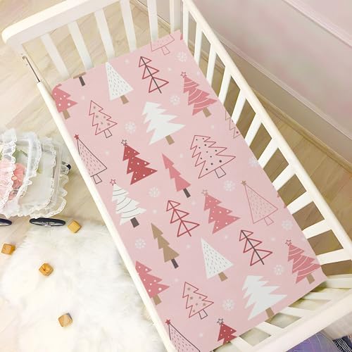Image of Christmas Trees Pink Crib Sheets Soft Breathable Fitted Baby Crib Sheets Mattress Cover for Girl Boys, 52 inch x 28 inch x 9 inch