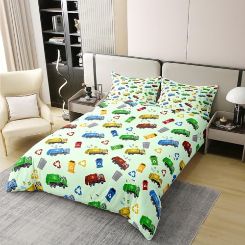 Manfei Garbage Truck Duvet Cover 100% Cotton Twin Size,Environmental Vehicles Rubbish Bins Bedding Set for Kids Teens,Cartoon Cars Recycling Symbol Green Comforter Cover(No Filler),2Pcs