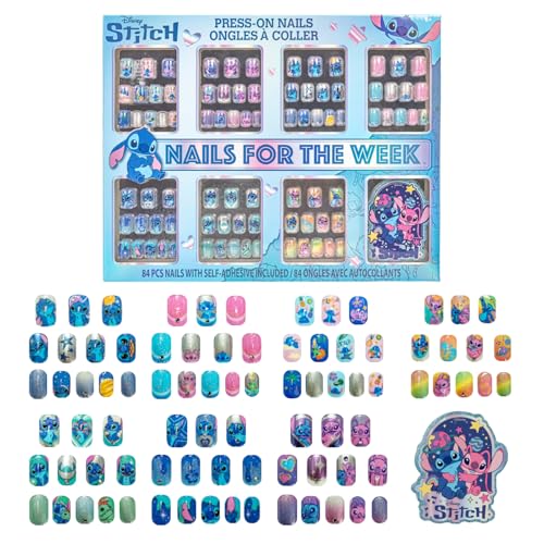 Disney Stitch 84 Pcs Press On Nails for Kids Teen Girls Glitter Artificial Fake False Nails Set Pre-Adhesive Full Cover Nail Tip Set for Kids Girls Tweens Ages 6+ by Townley Girl