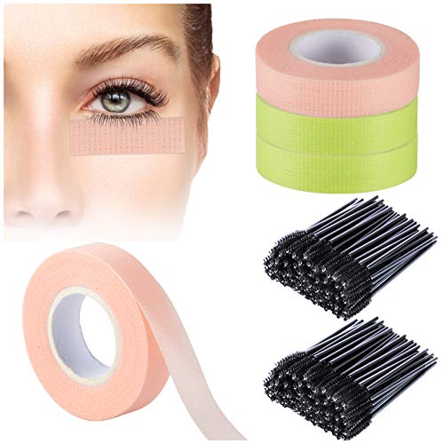 6 Pack Eyelash Extension Supplies- 2 Pack 100pcs Disposable Eyelash Mascara Brush Wand+ 4 Rolls Adhesive Fabric Eyelash Tape Eyelash Extension Supplies Individual Eye Lashes Tools for Woman Lady Girl