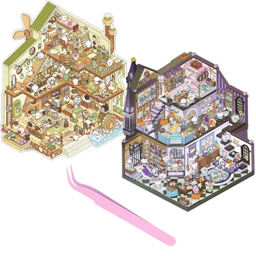 HTTDSLF 3D Sticker Scene, 3D House Stickers, DIY 3D House Stickers, 3D Hausaufkleber, Sticker Therapy, Haus Aufkleber Machen Sie Ihren Eigenen, Relief Stress für Erwachsene und Kinder, mit Pinzette