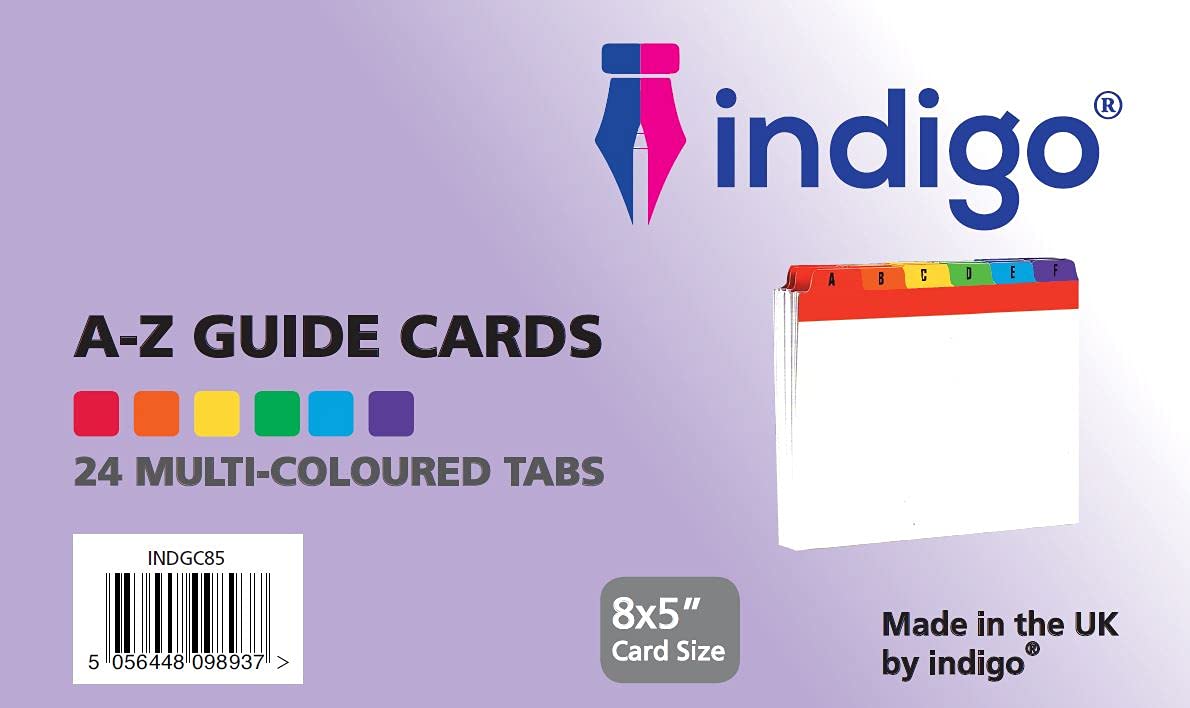 Indigoยฎ Coloured Guide Record Cards Reinforced Mylar A-Z White with Tabs Multicoloured (8" x 5")