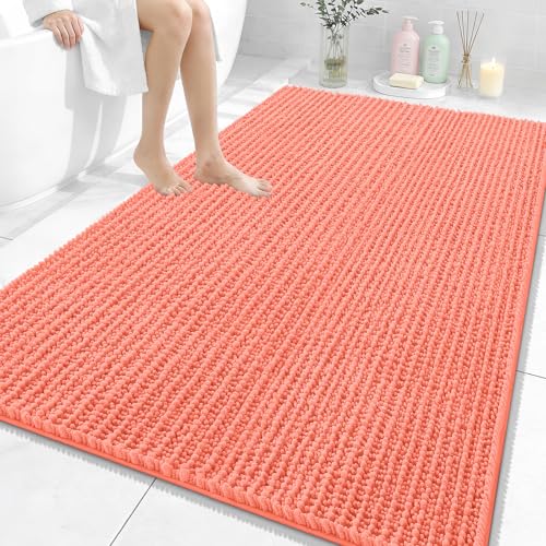 Image of OLANLY Bathroom Rug Mat 59x35, Thick Soft and Absorbent Chenille Bath Mat, Non-Slip Rubber Backing, Machine Washable Quick Dry Bath Rugs for Tub Shower Floor, Home Decor Accessories, Coral