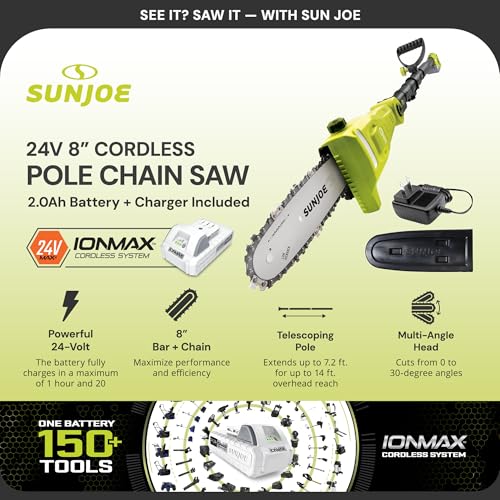 Image of Sun Joe 24V-PS8-LTE 24-Volt IONMAX Cordless Telescoping Pole Chainsaw Kit, 8-inch, W / 2.0-Ah Battery + Charger