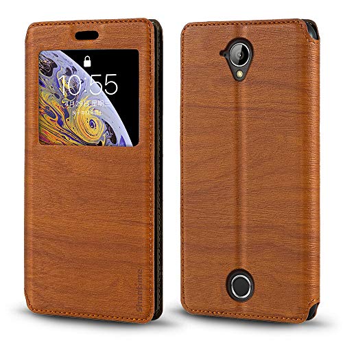 Shantime Sichtfenster-Lederhülle Kompatibel mit Acer Liquid Z330, Elegantes Design mit Klarsichtanzeige, Unsichtbarem Magnetverschluss & Kartenfach(Braun)