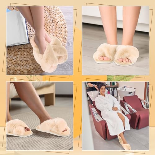 Image of 12 Pairs Women's Fuzzy Slippers Cross Band Open Toe Bridesmaid Fluffy Comfy House Slippers for Indoor Outdoor Wedding