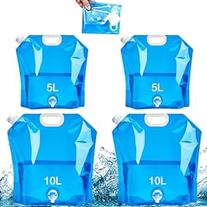 Tonsooze 4pcs Poche à Eau Pliable, Sac d’eau Pliable Eau, Bidon d’eau Poche d’eau Portable PE avec Robinet pour la randonnée, Le Camping, Le Pique-Nique, Les Voyages, Le Barbecue(2×5L+2×10L)