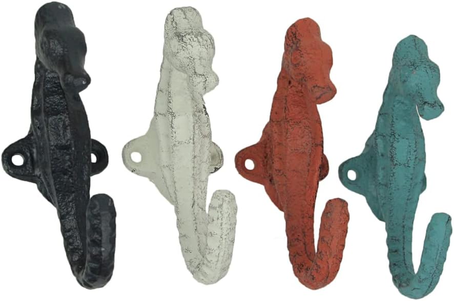 Zeckos Set of 3 Cast Iron Nautical Starfish Wall Hooks - Stylish and Functional Towel, Hat, and Key Hangers - Rustic 4-Inch Decorative Hooks for Coastal-Themed Home