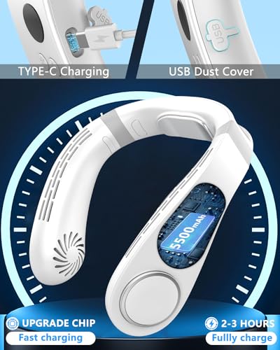 Image of Portable Neck Fan with Cooling Plate, Chargeable 5500mAh 3-15H Lasting, Personal Cooling Fan with LED Display, Wireless Hand-Free Mini Headphone Fans Festival Gifts for Kids Women Men Adults, White