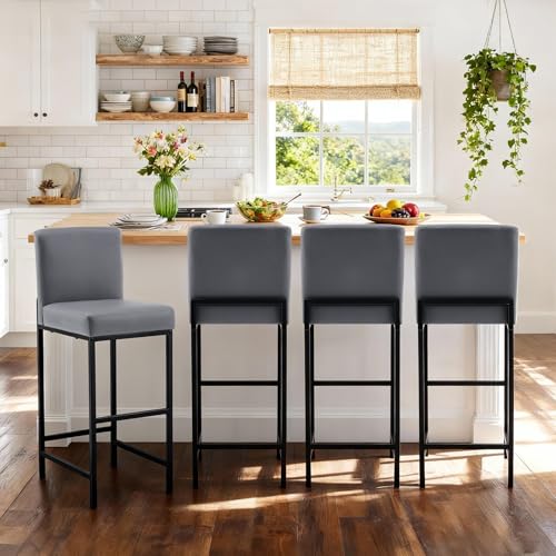 Butacos de Barra Set de 2, Altura 30'', con Soporte para Espalda, Asiento Tapizado en Cuero Sintético, Patas de Metal, Estilo Moderno, para Isla de Cocina o Bar en Casa, Gris miniatura 3