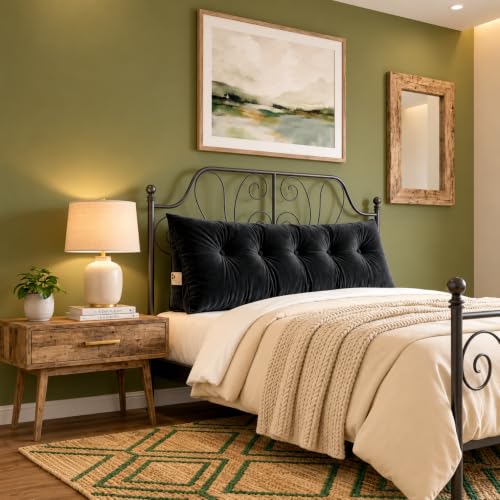 Image of Luxury Velvet Tufted Wedge Pillow with Side Pocket - Soft Headboard Back Support Cushion for Bed, Sofa & Floor Seating - Black Color