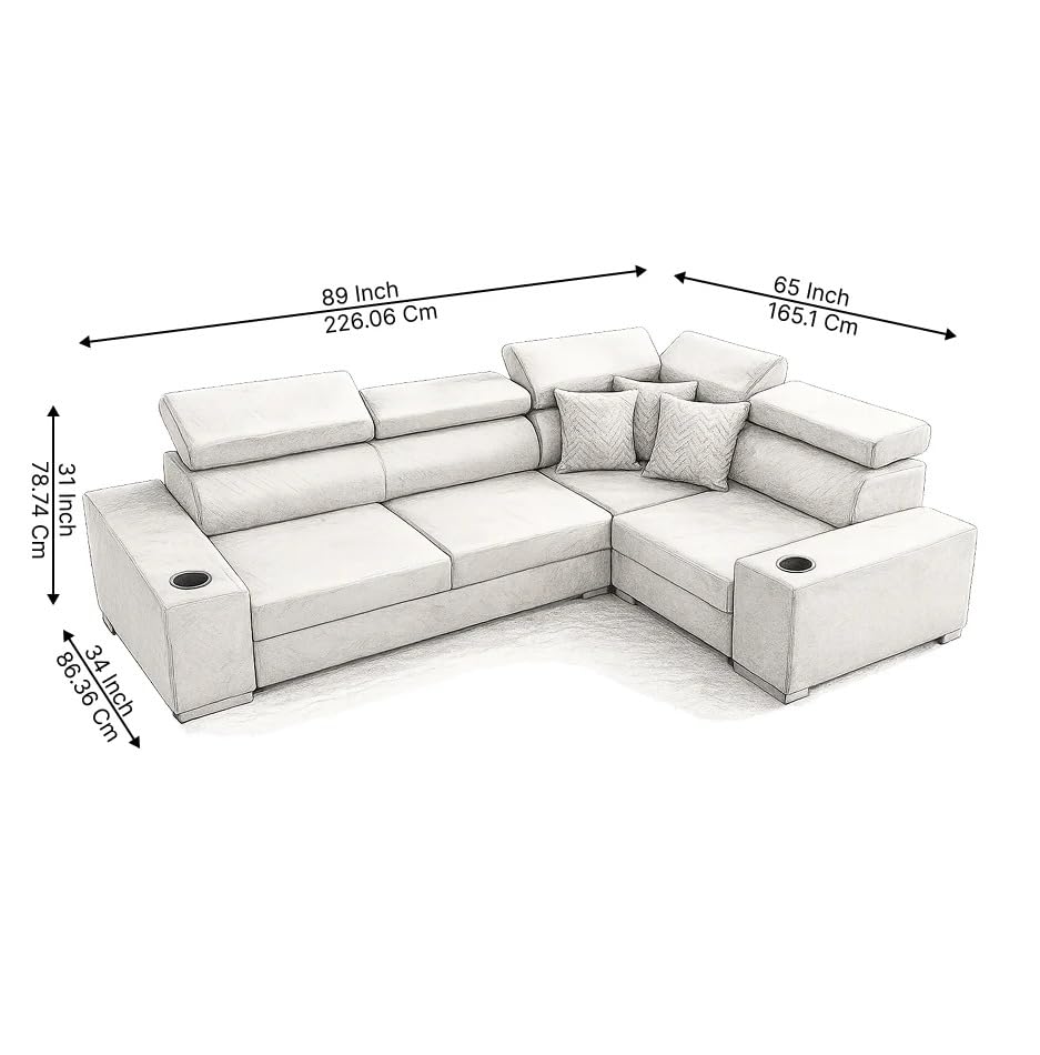 Image of Torque Sienna 4 Seater L Shaped Sofa Set for Living Room - Light Grey-RHS | Premium Fabric Sofa with Adjustable Headrests & Cup Holders | L-Shape 4 Seater Couches