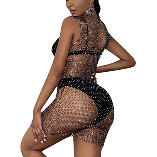 Women’s Sparkly Rhinestone Bikini Dress Sexy Sheer Mesh Sleeveless Swimsuit Cover Up Swimwear for Beach Pool Clubwear4
