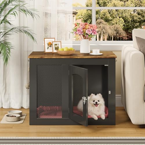 CHOEZON Wooden 30.1" Dog Crate Furniture, Farmhouse Pet Cage End Table with Secure Lock, Ventilated Mesh for Medium Dogs, Dog Kennel Furniture for Living Room, Bedroom, Black and Walnut MGW02BL by CHOEZON - Used condition - Image 3