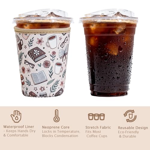 Image of Reusable Insulated Sleeve for Iced Coffee Cup, Coffee Neoprene Sleeve for Cold & Hot Drinks, Beverage Holder for Iced Coffee (Cafe Books, Small: 16-18oz)
