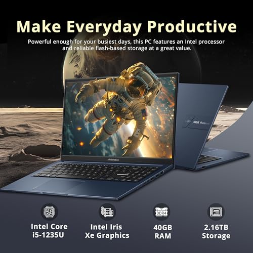 Image of ASUS Vivobook 15.6 inch FHD Laptop, Intel i5-1235U, 40GB DDR4 RAM, 2.16TB Storage (2TB SSD+160GB Docking Station Set), Intel Iris Xe Graphics, Number Pad, WiFi 5, Win 11 Pro, Quiet Blue