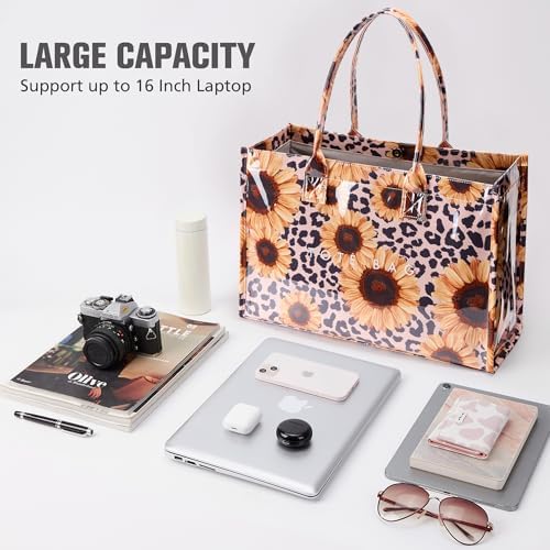 KALIDI PVC Tote Bag Women’s Kraft Paper Work Handbags Purses with Top Handle,Leopard Sunflower - 4