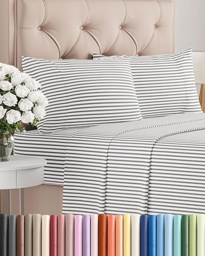 Image of Twin 4 Piece Bed Sheet Set - Breathable & Cooling Sheets - Grey Stripes | Ultra Soft Hotel Luxury Bedding Set with 8-16 Inch Deep Pockets, 1 Flat & 1 Fitted Sheet & 2 Pillowcases, Wrinkle & Fade Free