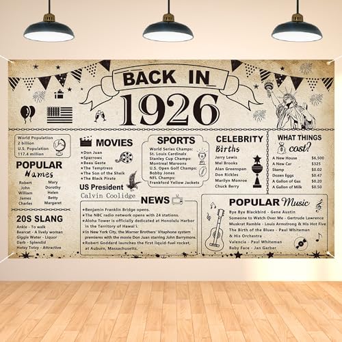DARUNAXY 100th Birthday Party Decoration Vintage Back in 1926 Banner 100 Year Old Birthday Party Poster Supplies Vintage 1926 Backdrop Photography Background for Men & Women 100th Class Reunion Decor