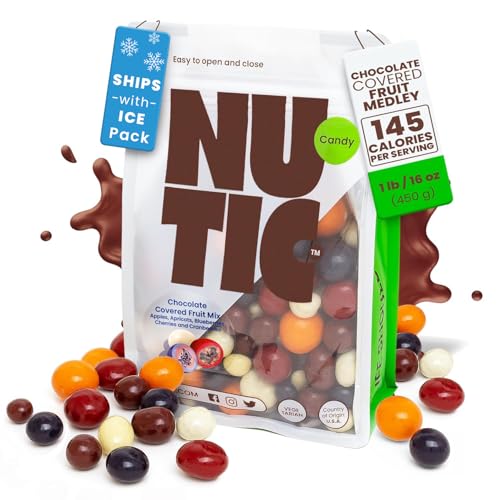 Nutic Chocolate Covered Fruit Medley - 1 Lb, Made in USA, All-Natural Ingredients, Dried Apples, Apricots, Blueberries, Cherries & Cranberries Coated in Chocolate, Ideal for Snacks - (Pack of 1)