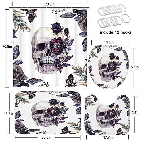 ArtSocket Halloween Bathroom Set with Shower Curtain and Rugs Accessories, Watercolor Painting of Skull Shower Curtain Set, Black Rose Flower Shower Curtain for Bathroom Vintage Bathroom Decor 4 Pcs