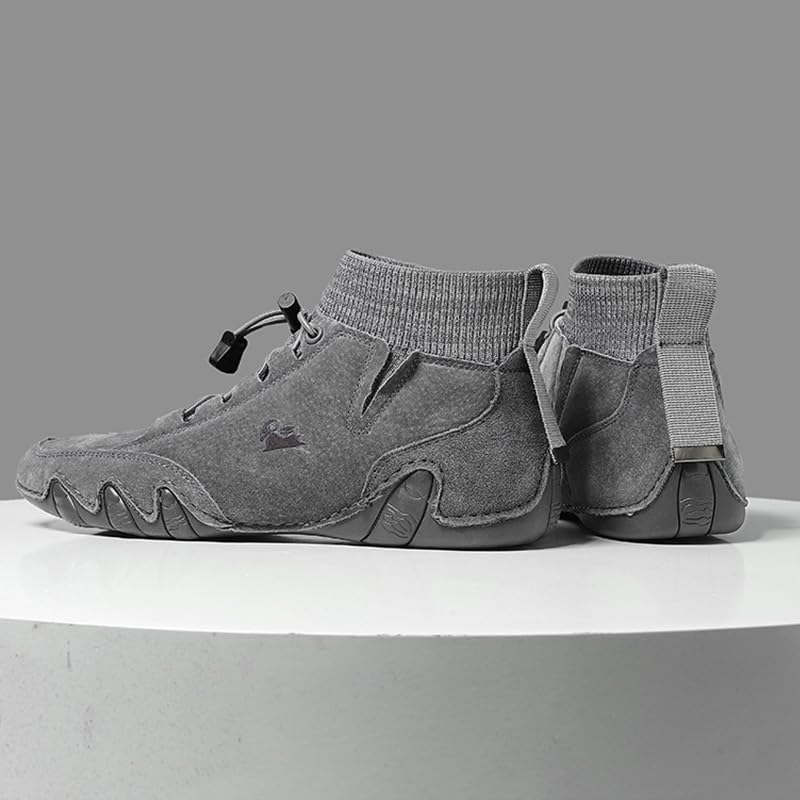 RiceelSor Men's Casual Leather Sock High Top Loafers Hand-Stitching Slip-on Driving Ankle Shoes Fully Fur Lined Warm Non-Slip Comfortable Dress Shoe3