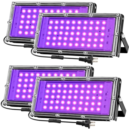 50W Black Lights for Glow Party - iCreating Indoor Strong High Power Black Light Flood Light 395nm UV Blacklight Floodlight Purple BlackLights Spotlight Fluorescent UV Lights for Halloween (4 Pack)
