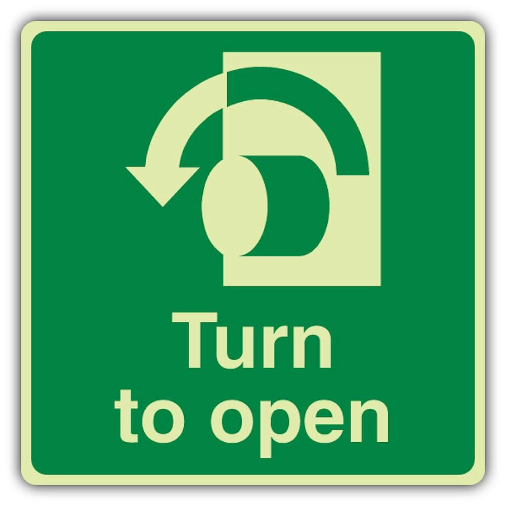 V Safety Photoluminescent Turn To Open Anti-Clockwise - Square Safety Sign - 450 x 450 mm - 1.2mm Rigid Plastic - Triple Glow