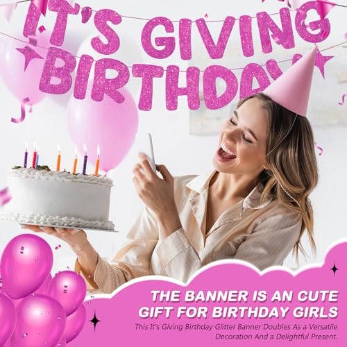 Image of Fulmoon Pre Strung It's Giving Birthday Banner Sparkle Glitter HBD Sign Sweet 16th, Preppy, Cute 21st Birthday Party Decorations Photobooth Backdrop(Hot Pink)