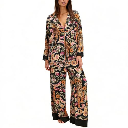 Image of Women Satin Pajama Set Floral Silk Pajamas 2 Piece Lounge Sets Button Down Shirts Wide Leg Pants Pjs Sleepwear