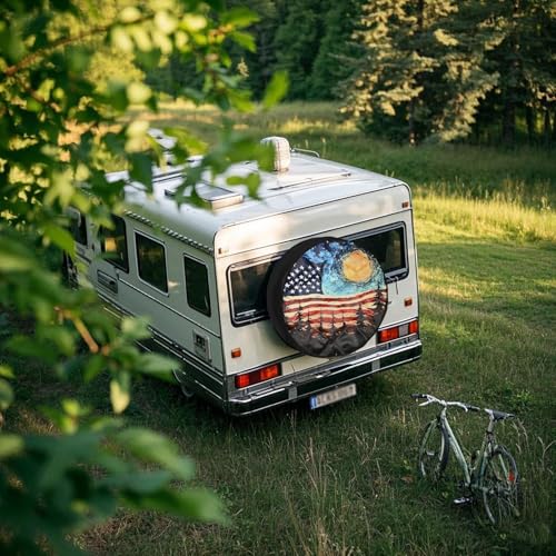 Image of Spare Tire Cover for RV Trailer, PU Leather Tire Cover Waterproof Sun Protection with American Flag & Forest Design, Fit for Trailers, RV, SUV, Off-Road Vehicle, Camper, and Trucks (15 inch)