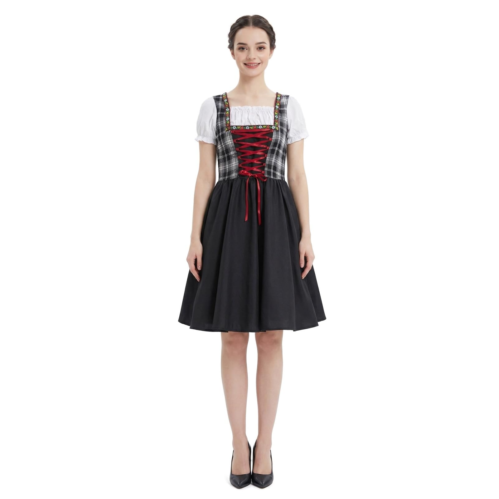 Saymany Oktoberfest Damen Outfit Midi Quadratischer Kragen Trachtenkleid Trachtenmode Trachtenrock Dirndl Kleid Trachten Einfarbige Dirndlkleid Dirndl Kleidung Mit Gürtel