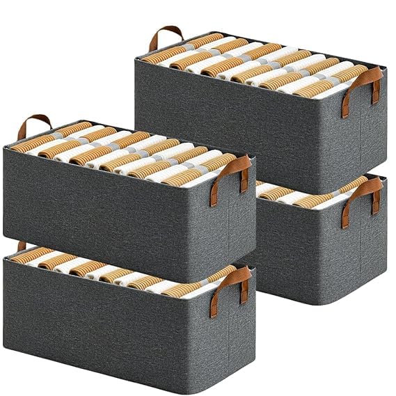 RENVA 4PCS Collapsible Fabric Storage Cubes Organizer with Handles Foldable Storage Baskets for Organizing Toys, Books, Shelves, Closet, Large Storage Box with Handles (4 PCS, Big Storage Box)