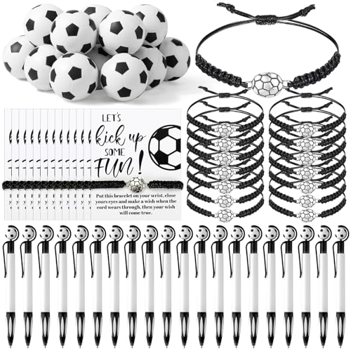 Equsion 80 Pcs Soccer Team Gifts Set Bracelets Soccer Ball Ballpoint Pens Foam Stress Balls Kick Up Cards Adjustable Bracelets for Sports Reward Birthday Party Supplies