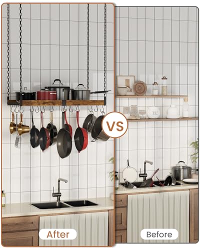 Creso Hom Vintage Hanging Pot Rack - 31.5x15.75 Inches with 15 S-Shaped Hooks for Kitchen Storage, Rustic Ceiling Mounted Cookware Holder - Image 5