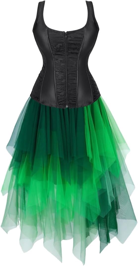 Jutrisujo Corset Dress Multi Layer Skirt Tulle Set Tops for Women Bustier Strap Zipper Gothic Vest Plus Size Halloween