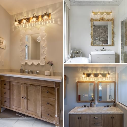 Image of EDISLIVE Vintage Vanity Light for Bathroom Gold 4-Light Bath Wall Light Fixture with Clear Flower Glass Shades 36.22 inch E12 Antique Wall Sconce for Bedroom Hallway Living Room Vanity Mirror