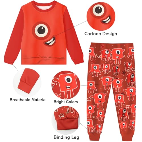 Image of Boys Girls Numbers Long Shirts and Pants Sets Cartoon Little Kids Casual Daily Homewear for 3-10 Years (Red, 110)