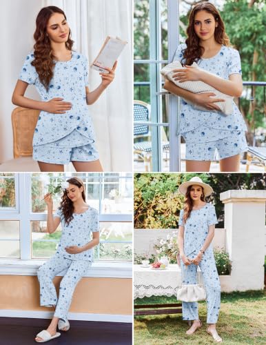 Image of Ekouaer 3 PCS Maternity Nursing Pajamas Set Postpartum Breastfeeding PJS | 3-Piece Set, Including Short Sleeve Shirts, Pregnancy Shorts & Pants, Buttery Soft, Skin-Friendly Feel