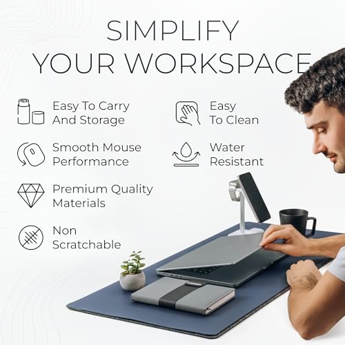 Image of Nordik Felt and Leather Desk Mat - Dual Layer Midnight Blue 35 x 17 in