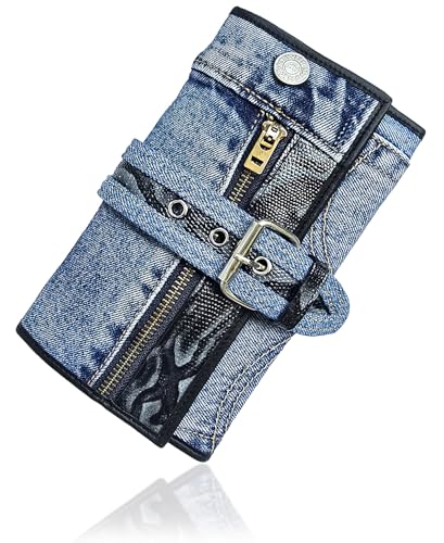 Upcycling Bifold Denim Wallet Decorated Snake skin PU leather Zipper and Buckle Accents Long Wallet Clutch Purse for Women (Black)