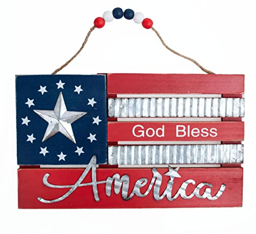 Patriotic Americana God Bless America Flag Hanger - Celebrate Your Love of Country for Election Day, Veteran’s Day, Memorial Day, July 4th Parties & Events- Rustic Decoration for Home/School