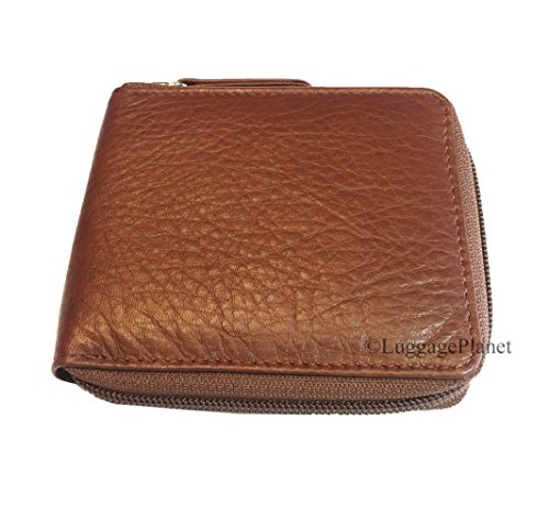 RFID Zippered Passcase Leather Mens Bifold Wallet - 1225, Brandy, One Size2