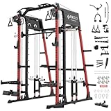 Mikolo Smith Machine, 2200lbs Squat Rack with LAT-Pull Down System & Cable Crossover Machine, Multi-Function Power Cage, Red
