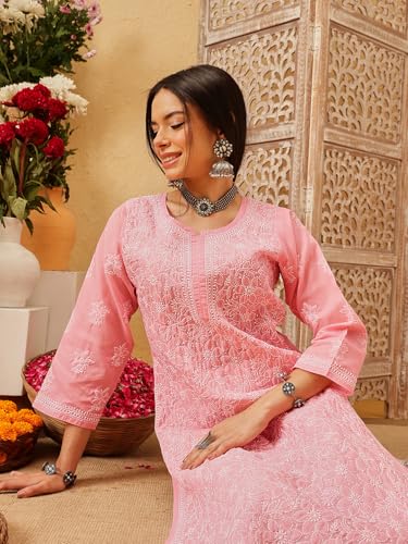 Image of Ada Women's Cotton Straight Fit Straight Hand Embroidered Lucknowi Chikankari Kurta Kurti A411165